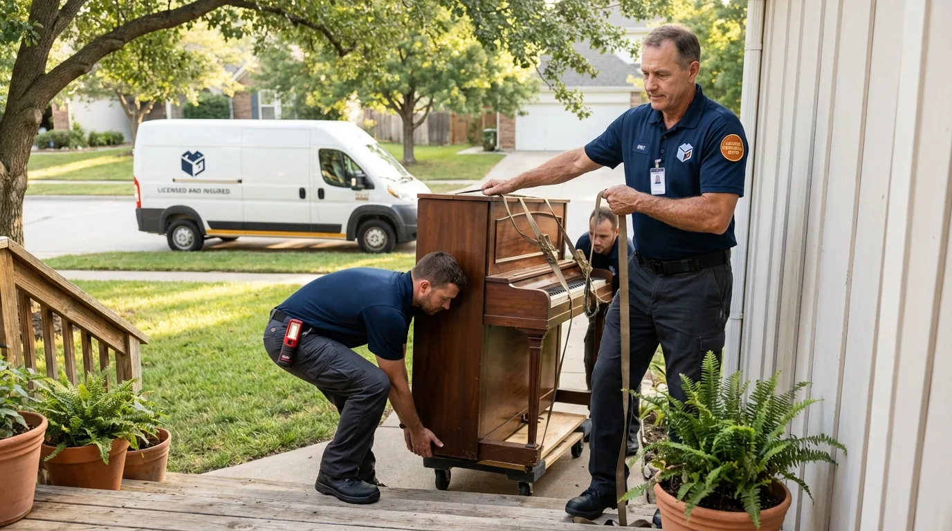 Licensed piano movers securing grand piano in Big Rock, IL