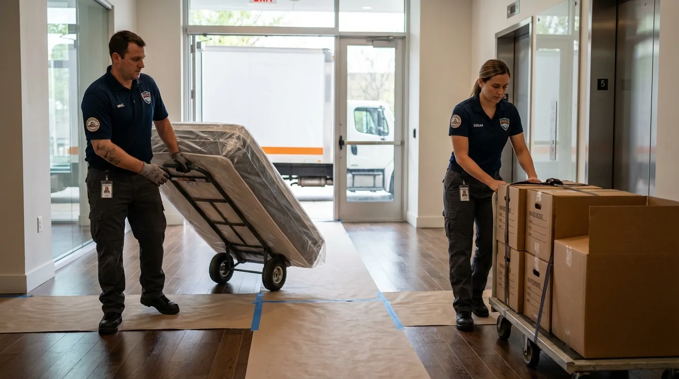 Professional apartment movers loading elevator in Big Rock, IL