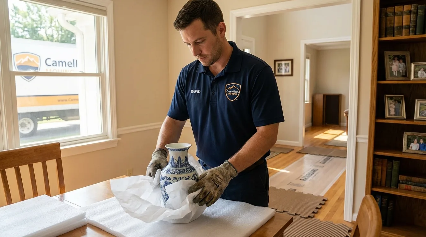 Professional crew carefully wrapping antique vase for senior downsizing move in Big Rock, IL